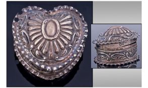 Victorian Silver Embossed Heart Shaped Trinket Box. Hinged Lid. Gilt Interior. Hallmark Birmingham