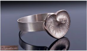 Swedish Silver Designer Bangle. Heart Shaped Front Set With A Small Faceted Stone. Fully