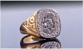 Gents Heavy 18ct Gold Diamond Signet Ring, Central Star Set Old Cushion Cut Diamond, Estimated