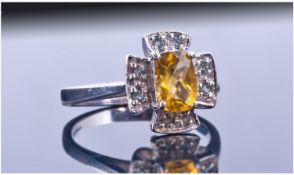 9ct Gold Diamond Dress Ring. Set with a Central Citrine. Fully Hallmarked. Ring Size N.
