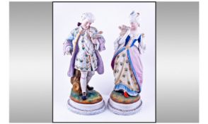 French Fine Pair Of Chantilly Bisque Hand Painted Figures. Circa 1880. Lady and gentleman in 18th