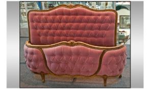 French Upholstered Back & Foot Carved Bed, pink button back shaped foot on double carved cabriole