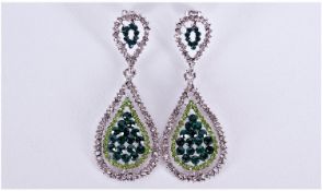 Pair of Green and White Austrian Crystal Statement Earrings, two teardrops with dark emerald colour