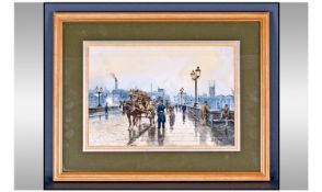 John L Chapman 1946 London Bridge / Figures Early 20th Century Scene. Watercolour. Signed. 9`` x