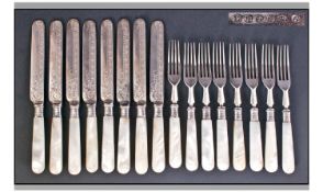 Victorian 16 Piece Set Of Silver Banded And Mother Of Pearl Handled Knives And Forks. Hallmark