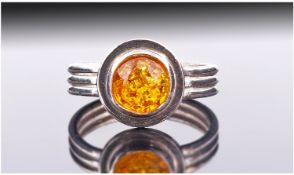 Silver Amber Set Dress Ring, Stamped 925, Ring Size Q