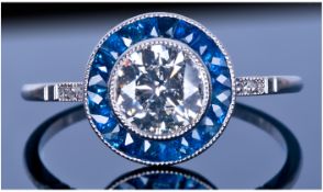 Art Deco Style Diamond And Sapphire Ring, Central Round Brilliant Cut Diamond, Millegrain Set