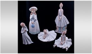 Five Nao by LLadro Porcelain Figures comprising 3 ballet dancers, in various poses a child wearing a