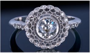 Art Deco Style Diamond Ring, Central Round Brilliant Cut Diamond, Millegrain Set With Open Lattice