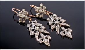 Pair Of Continental Diamond Drop Earrings Of Floral Design Set With Old Rose Cut Diamonds, Height