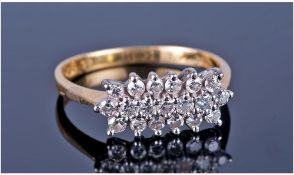 18ct Gold Diamond Cluster Ring Set With Three Rows Of Round Modern Brilliant Cut Diamonds, Fully