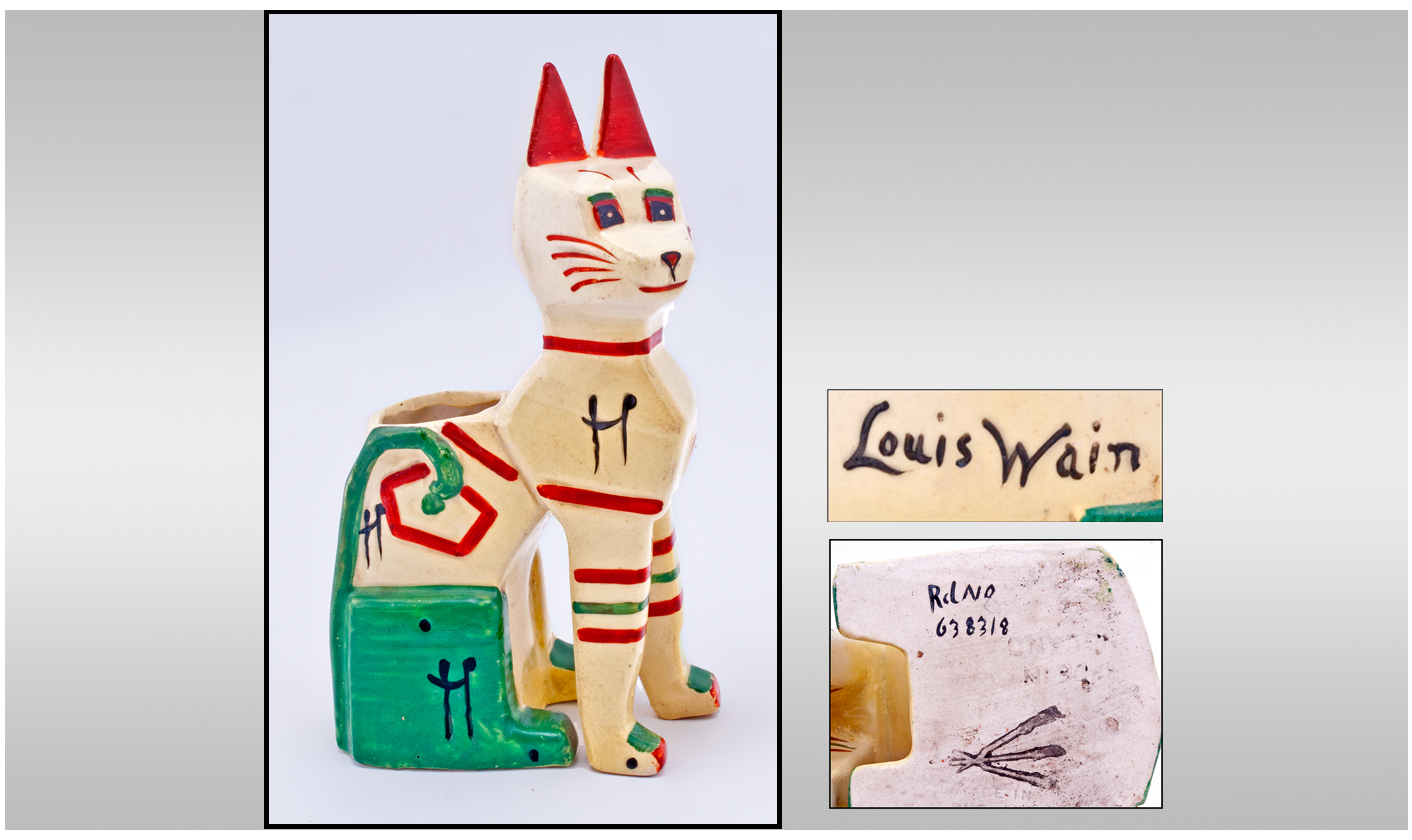 Louis Wain Signed Cubist Cat Figurine. Reg No.638318. Signed Louis Wain, Stands 6.25 Inches Tall.