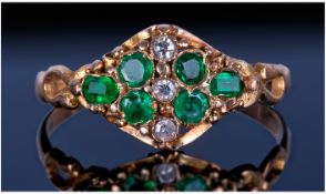 19thC Gem Set Ring, Set With Six Emerald Coloured Stone Between A Row Of Three Round Cut Diamonds,