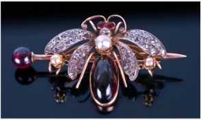 Large Victorian Diamond Bug Brooch, Carbuncle Set Body And Eyes With Diamond Wings, Unmarked.