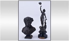 Two Victorian Spelter Figures, one depicting a bust of a young lady 8 inches high and one figure '