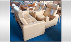 Contemporary Design Three PIece Leather Stressless Suite. Of plain square form, upholstered in