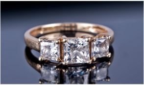 9ct Gold Dress Ring, Set With Three Princess Cut Stones, Fully Hallmarked, Ring Size K.