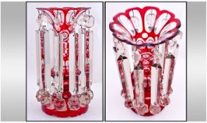 Bohemian Ruby And Clear Glass Lustre, with 10 cut glass prisum drops. Very good quality lustre.