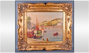 Gilt Framed Print Depicting A Continental Lake Scene. Elaborate gilt frame. Measures 26 x 23