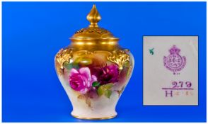 Royal Worcester Hand Painted Lidded Pot Pourri Vase "Roses". Unsigned, date 1917. Shape 279. Small