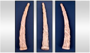 Tribal Art Vintage - Finely Carved Ivory Tusk, Depicting Figures and Animals. c.1910-20. 9.25 Inches