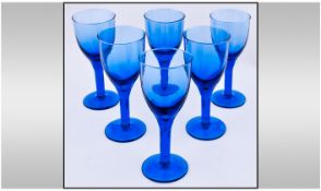Set of Six Bristol Blue Coloured Wine Glasses. 7.5 inches in height.