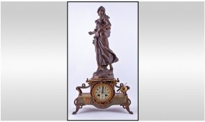 French Figural Mantle Clock, Green Onyx Case With Metal Mounts Surmounted By A Spelter Figure