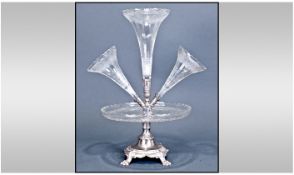 French 1930's Moulded Glass and Plated 3 Branch Epergne. Stands 17 Inches High.