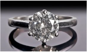 A Single Stone Diamond Ring Of Good Quality. The round brilliant cut diamond set in platinum. Weight