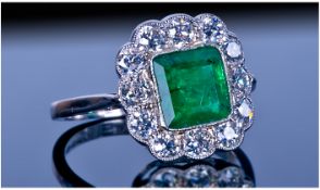 18ct White Gold Emerald And Diamond Ring, Central Emerald Surrounded By 12 Round Brilliant Cut