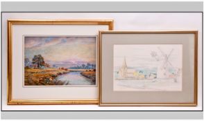Two Framed Pictures comprising one river landscape unsigned and Lytham Windmill signed Hopkin.