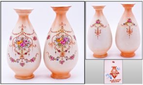 Pair of Ducal Vases, floral decoration on cream ground. 10 inches in height.