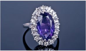 18ct White Gold Amethyst And Diamond Ring, Set With A Large Central Amethyst Surrounded By 16
