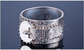 Edwardian Engraved and Chased Silver Buckle Hinged Bangle. 1.5 Inches Wide. Hallmark Birmingham