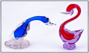 Murano 1960's Glass Bird Figures, 2 in  total. Blue and red colourway. 6 inches and 7 3/4 inches