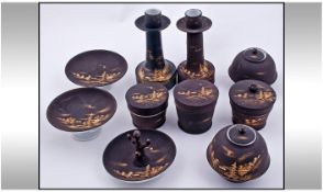Oriental Dressing Table Set, Dark Brown Ground With Gold Landscape Scenes. Comprising Candle Sticks,