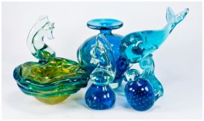 Collection of Mdina and Similar Turquoise Glass Items comprising ovoid vase with short, narrow