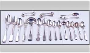 Georgian Collection of Assorted Silver Spoons, Various Hallmarks, Makers and Sizes. ( 21 ) In Total.