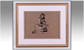 20th Century Nude Portrait of a Seated Girl. Charcoal heightened with white, unsigned. Size 8.5 x