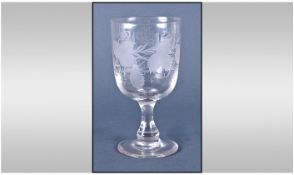 A Mid Victorian Etched Glass Drinking Goblet, Decorated with Wheat Sheaf's and Leaves of the Vine.