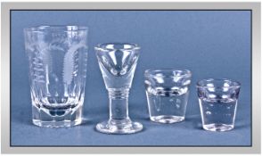Small Collection of Glass comprising Victorian engraved tumbler by John Firth and three dump tot