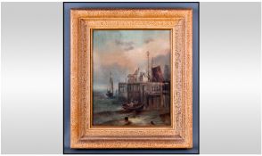 Dutch Oil Painting. Mounted and framed behind glass. Depicting boats in stormy waters at the edge of
