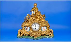 French Very Fine Late 19th Century Gilt Metal and Porcelain Mounted Figural Mantel Clock. c. 1880.