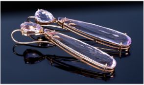 Pair Of Long Kunzite Mounted Drop Earrings, Set With A Pear Shaped Above A Long Thin Marquise Cut