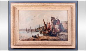 Dutch Oil Painting. Depicting boats around the shore. Measures 26 x 18.5 inches. Framed.