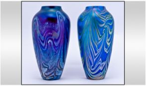 Okra - Fine Art Studio Iridescent Glass Vases ( 2 ) In Total. c.1960's. Labels to Bases. Each 8