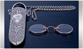 Victorian Embossed Silver Plated Spectacles Case, complete with silver chain. With a 12ct gold
