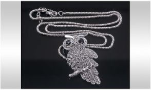Crystal Perching Owl Brooch/Pendant, on Long Fancy Chain, The Owl Fully Encrusted with Brilliant