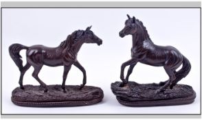 Pair Of Metal Tom Macky Horse Figures On Oval Bases. One 6 inches high, 7 inches wide, the other 6.