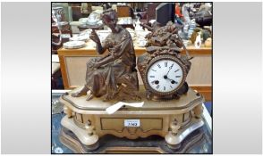 French Figural Mantel Clock, Spelter And Alabaster Cased Mantle Clock by H.P. & Co, Raised On A